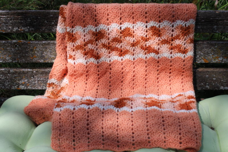 photo of 80s vintage crochet afghan, large throw blanket warm southwest colors peach, rust, ivory  #4