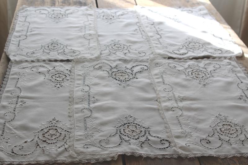 photo of 80s vintage cutwork embroidery table linens, cotton place mats & napkins set of 6 #9