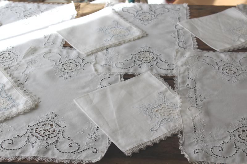 photo of 80s vintage cutwork embroidery table linens, cotton place mats & napkins set of 6 #12