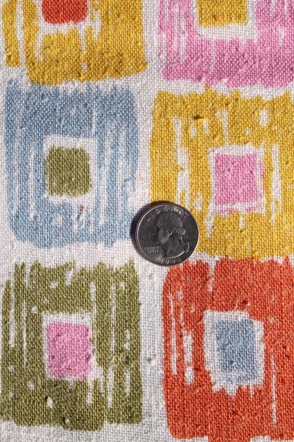 photo of 80s vintage fabric, linen weave retro pastel pink blue yellow mod cubist squares print #2