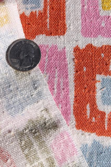 photo of 80s vintage fabric, linen weave retro pastel pink blue yellow mod cubist squares print #3