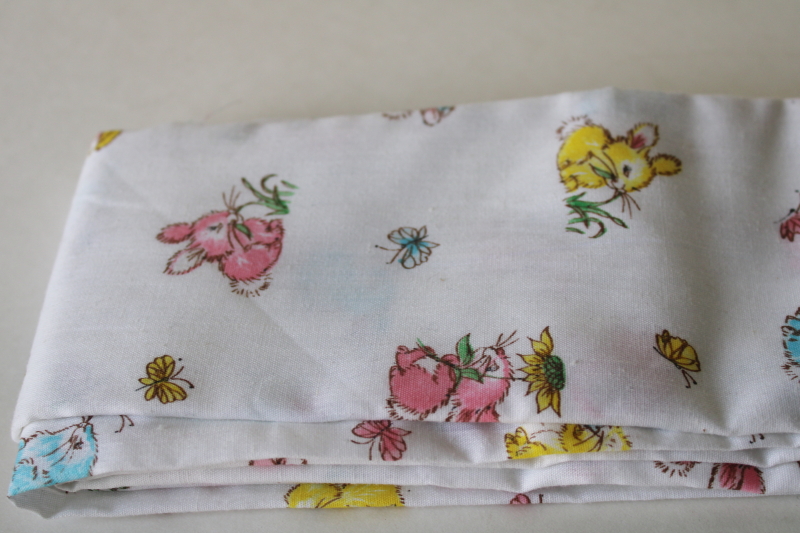 photo of 80s vintage fabric remnant, baby bunnies w/ butterflies print cotton candy pastels on white  #2