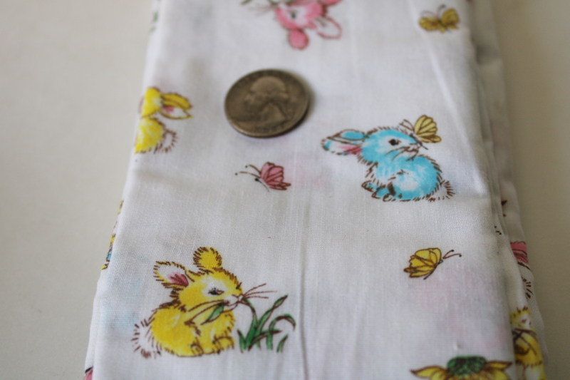 photo of 80s vintage fabric remnant, baby bunnies w/ butterflies print cotton candy pastels on white  #3