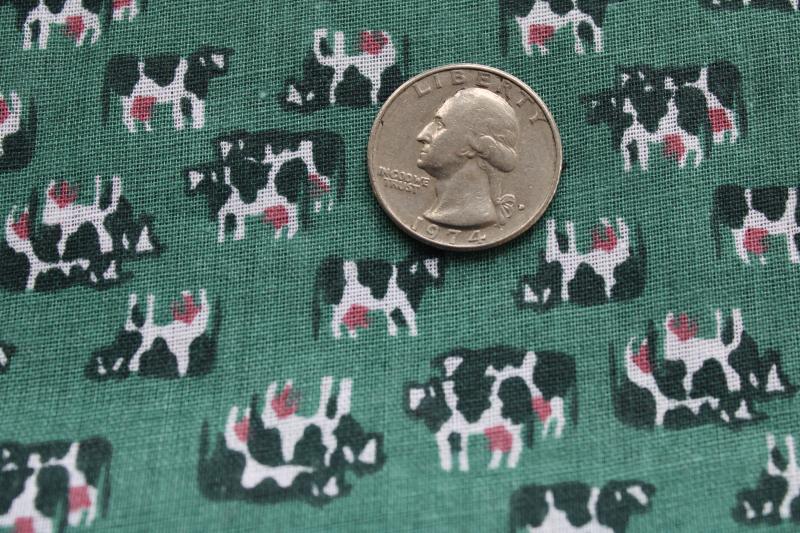 photo of 80s vintage fabric, tiny cows black & white holsteins on teal green cotton #3