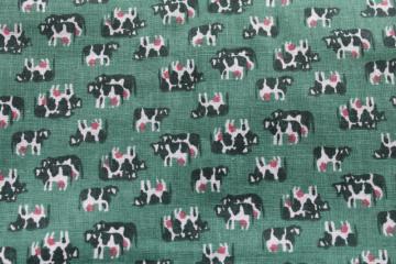 catalog photo of 80s vintage fabric, tiny cows black & white holsteins on teal green cotton