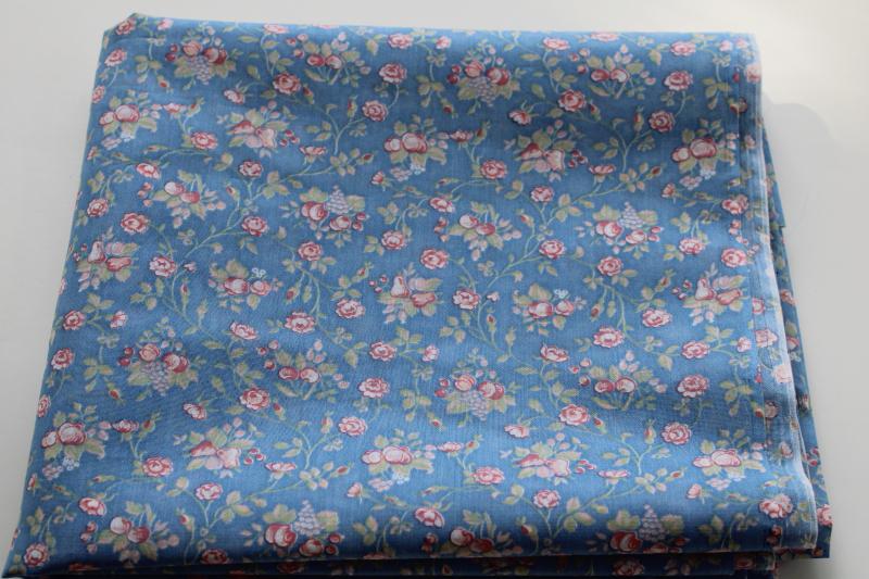 photo of 80s vintage floral print fabric, cotton / poly pink roses cherries on blue  #1