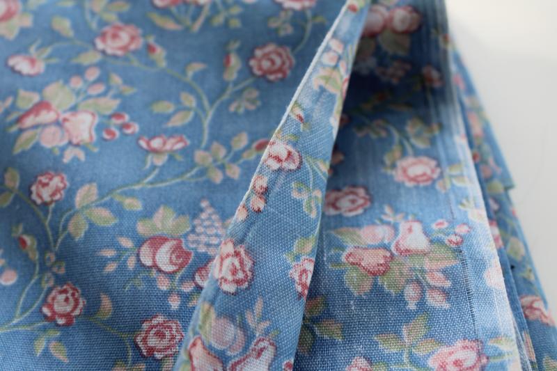 photo of 80s vintage floral print fabric, cotton / poly pink roses cherries on blue  #2