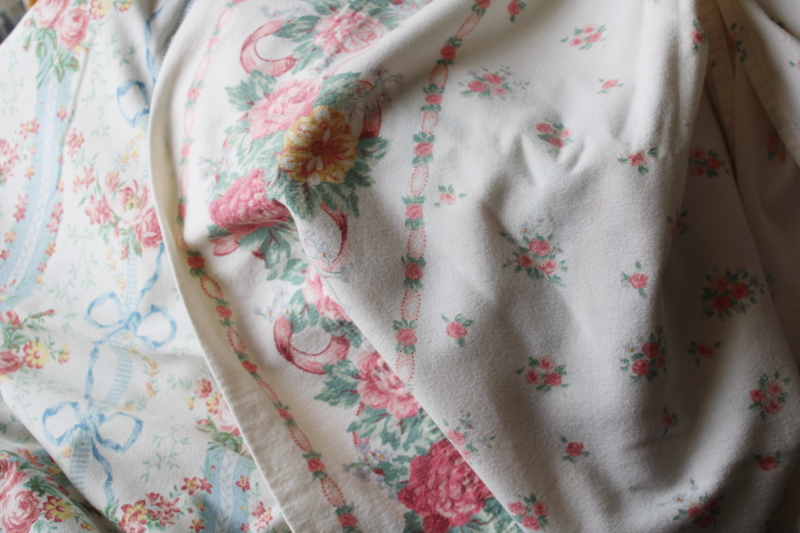 photo of 80s vintage girly floral print all cotton flannel bed sheets, soft worn fabric  #7