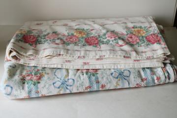 catalog photo of 80s vintage girly floral print all cotton flannel bed sheets, soft worn fabric 