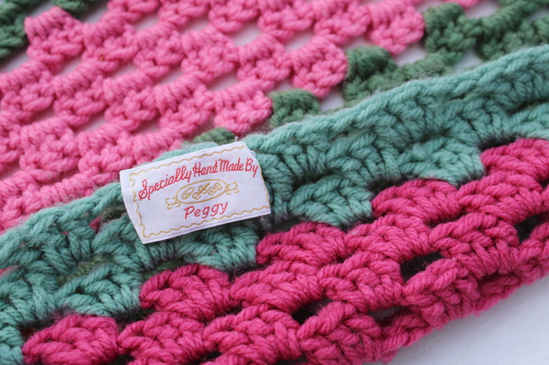 photo of 80s vintage hippie granny square crochet afghan, pink & green cozy lap blanket or shawl  #2