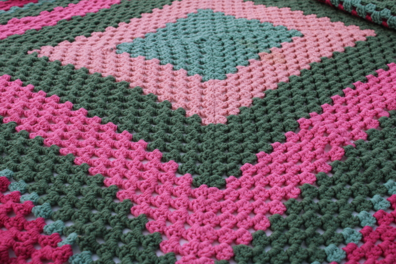 photo of 80s vintage hippie granny square crochet afghan, pink & green cozy lap blanket or shawl  #3
