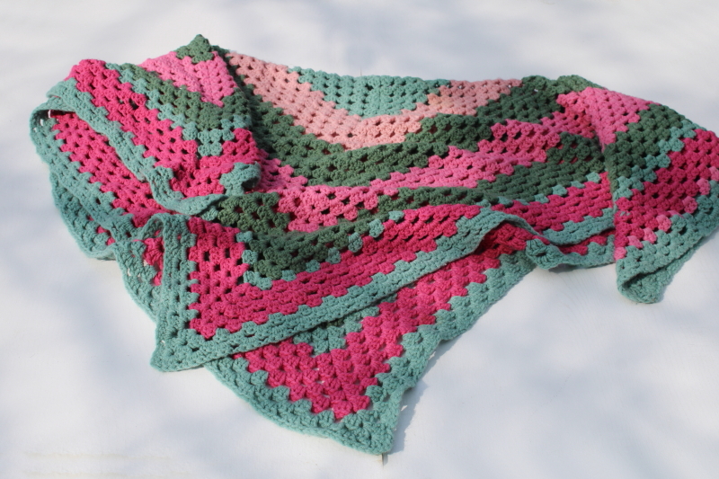 photo of 80s vintage hippie granny square crochet afghan, pink & green cozy lap blanket or shawl  #4