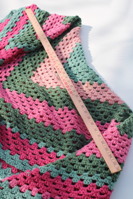 photo of 80s vintage hippie granny square crochet afghan, pink & green cozy lap blanket or shawl  #5