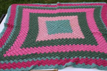 80s vintage hippie granny square crochet afghan, pink & green cozy lap blanket or shawl 