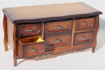 catalog photo of 80s vintage jewelry box chest of drawers, velvet lined dresser box for jewelry storage