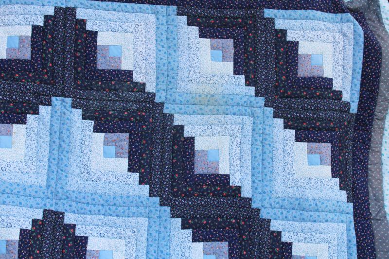 photo of 80s vintage log cabin patchwork quilt queen size bedspread shades of blue & navy #6