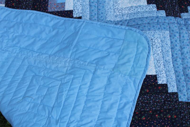 photo of 80s vintage log cabin patchwork quilt queen size bedspread shades of blue & navy #9