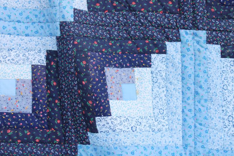 photo of 80s vintage log cabin patchwork quilt queen size bedspread shades of blue & navy #10