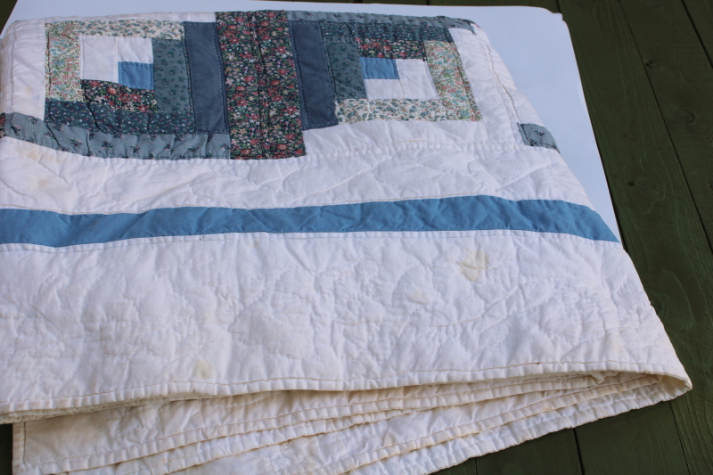 photo of 80s vintage log cabin quilt, soft cotton patchwork prairie country flowered calico prints blues #5