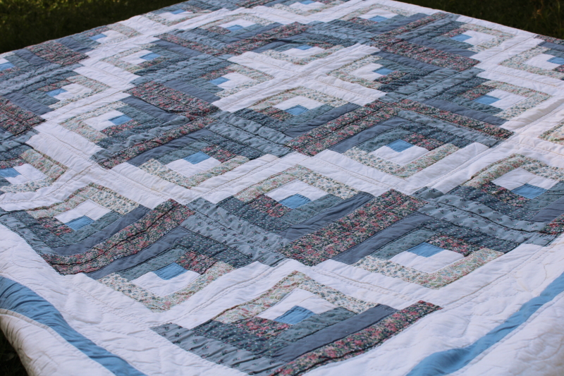 photo of 80s vintage log cabin quilt, soft cotton patchwork prairie country flowered calico prints blues #6