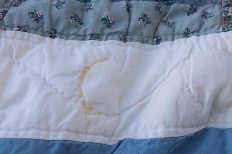 photo of 80s vintage log cabin quilt, soft cotton patchwork prairie country flowered calico prints blues #8
