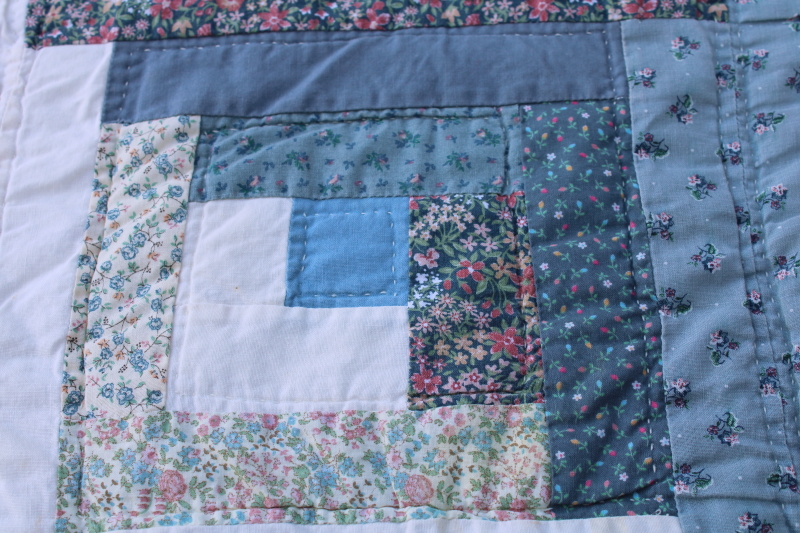 photo of 80s vintage log cabin quilt, soft cotton patchwork prairie country flowered calico prints blues #9