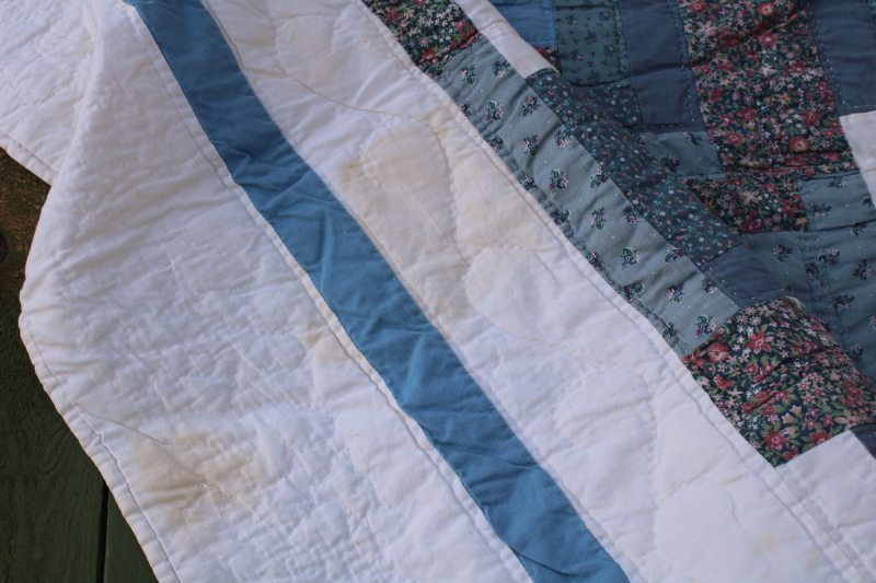 photo of 80s vintage log cabin quilt, soft cotton patchwork prairie country flowered calico prints blues #10