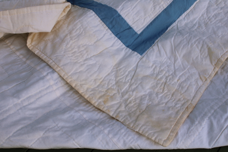 photo of 80s vintage log cabin quilt, soft cotton patchwork prairie country flowered calico prints blues #12