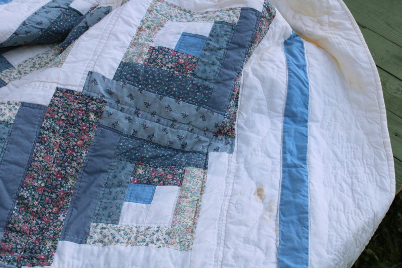 photo of 80s vintage log cabin quilt, soft cotton patchwork prairie country flowered calico prints blues #13