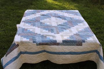 80s vintage log cabin quilt, soft cotton patchwork prairie country flowered calico prints blues 