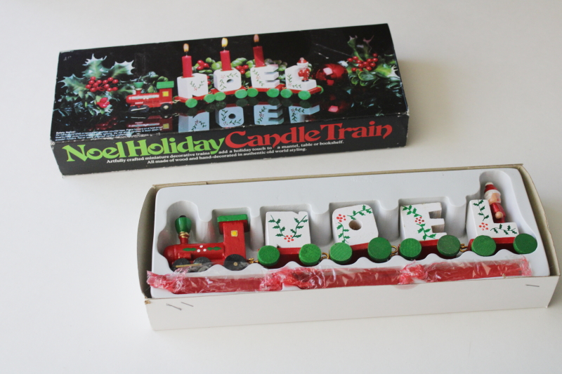 photo of 80s vintage miniature Christmas train NOEL candle holders hand painted wood ornaments in box  #1