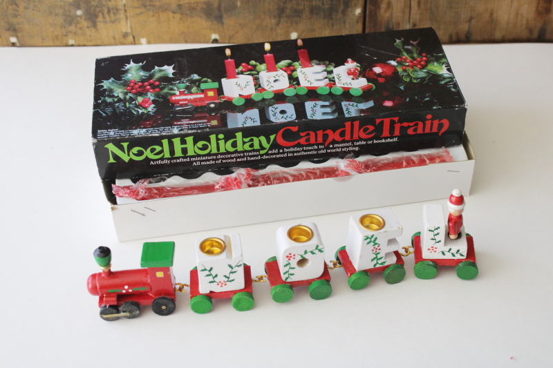 photo of 80s vintage miniature Christmas train NOEL candle holders hand painted wood ornaments in box #3