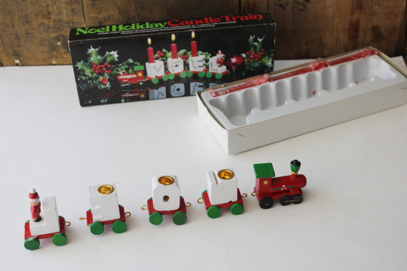 photo of 80s vintage miniature Christmas train NOEL candle holders hand painted wood ornaments in box #7