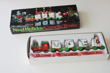 catalog photo of 80s vintage miniature Christmas train NOEL candle holders hand painted wood ornaments in box 