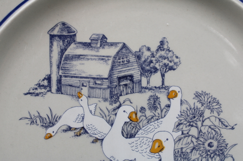 photo of 80s vintage never used Century China stoneware farm barn with goose pattern dinner plates  #6