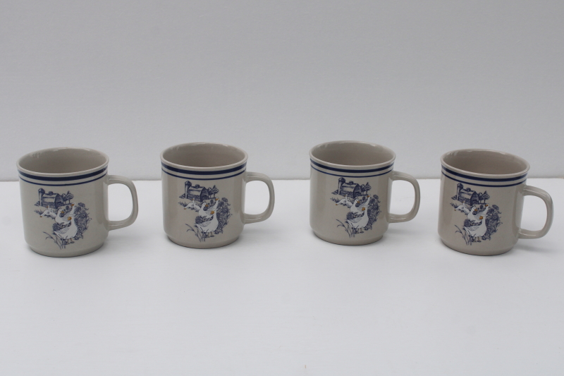 photo of 80s vintage never used Century China stoneware mugs, farm barn with goose pattern  #1