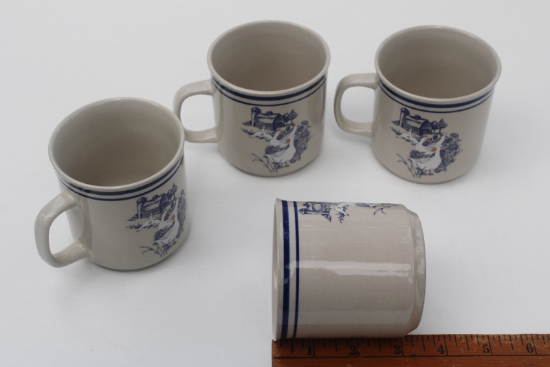 photo of 80s vintage never used Century China stoneware mugs, farm barn with goose pattern  #6