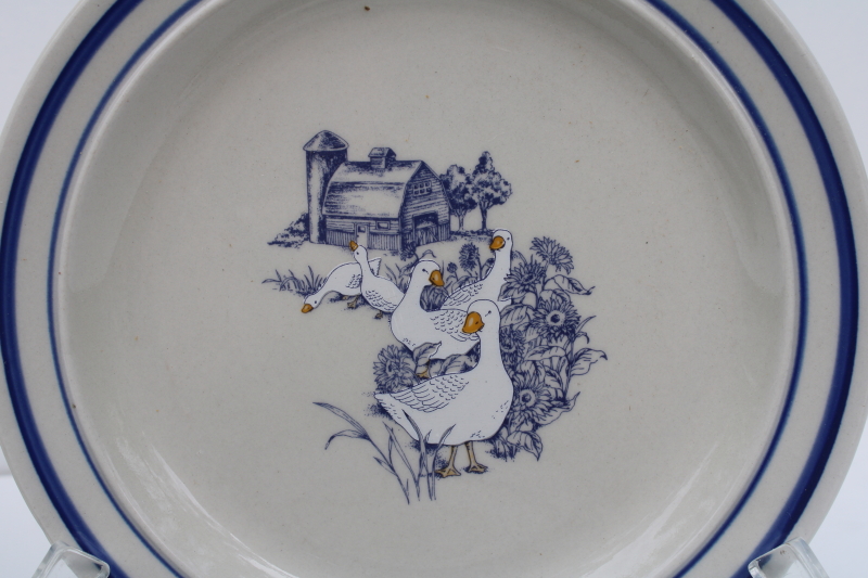 photo of 80s vintage never used Century China stoneware salad or pie plates, farm barn with goose pattern  #2