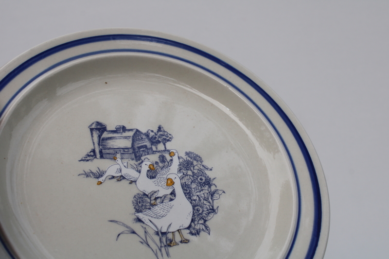 photo of 80s vintage never used Century China stoneware salad or pie plates, farm barn with goose pattern  #3