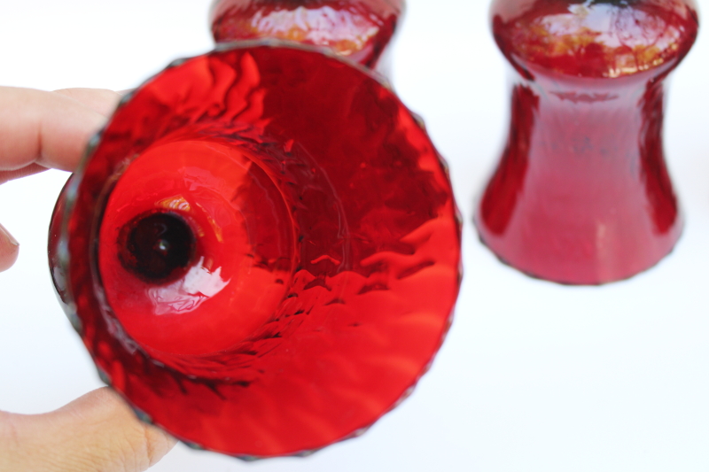 photo of 80s vintage optic blown glass shades, peg type ruby glass votive candle holders set of four #3