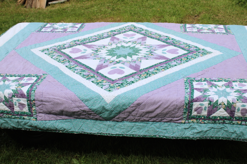 photo of 80s vintage patchwork quilt star with hearts, green & lavender calico prints, girly prairie cottagecore  #2