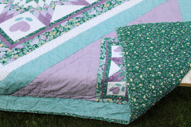 photo of 80s vintage patchwork quilt star with hearts, green & lavender calico prints, girly prairie cottagecore  #3