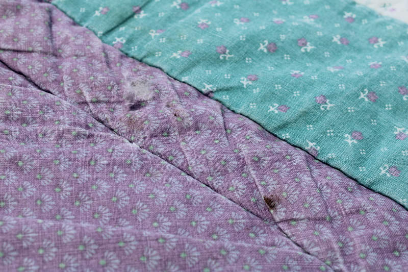 photo of 80s vintage patchwork quilt star with hearts, green & lavender calico prints, girly prairie cottagecore  #4
