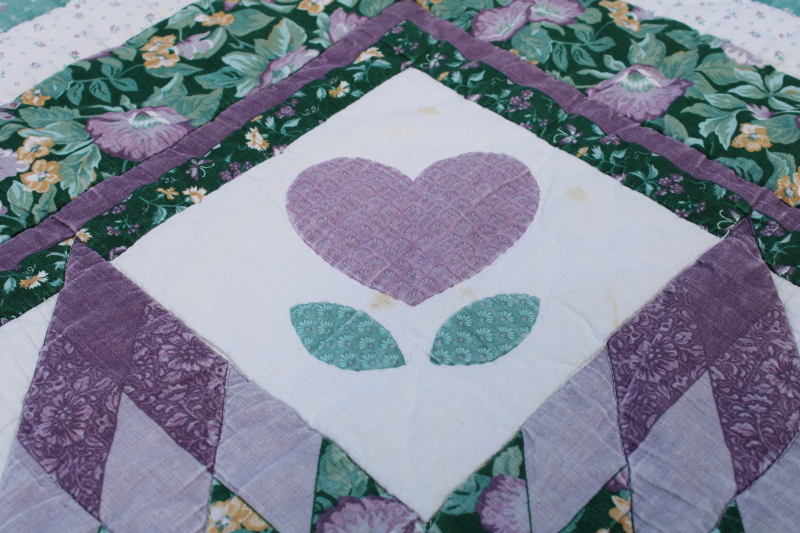 photo of 80s vintage patchwork quilt star with hearts, green & lavender calico prints, girly prairie cottagecore  #6