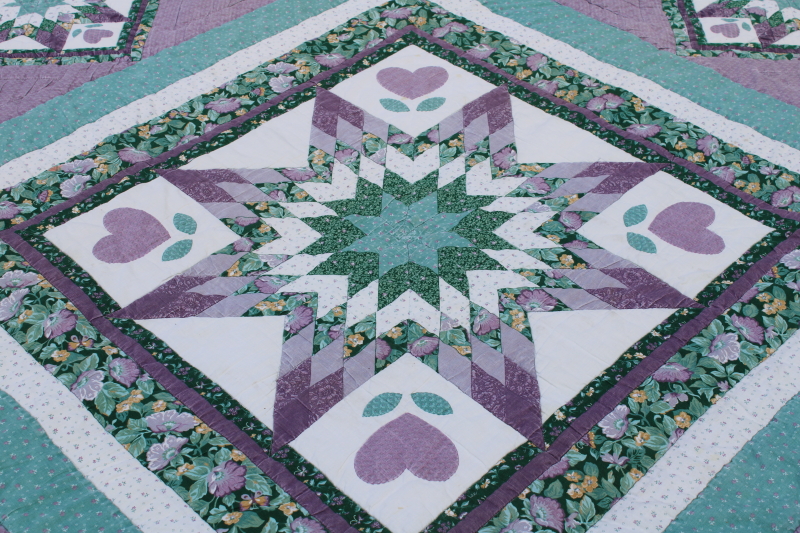 photo of 80s vintage patchwork quilt star with hearts, green & lavender calico prints, girly prairie cottagecore  #7