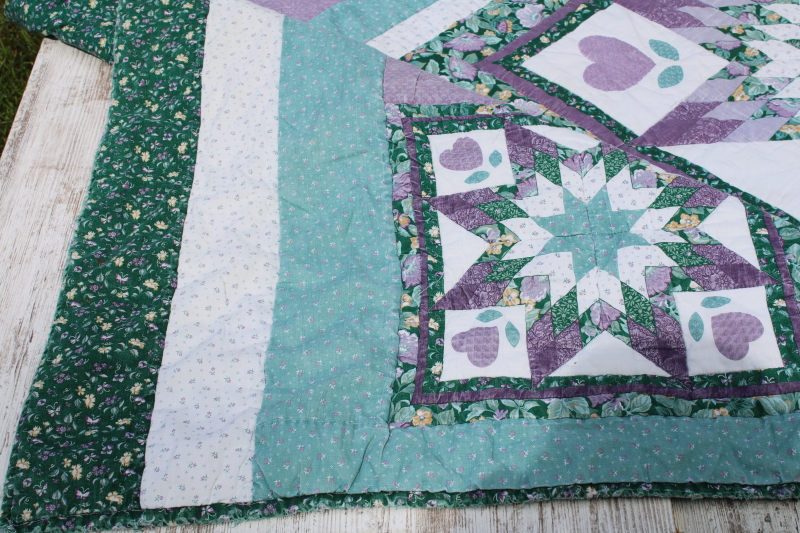 photo of 80s vintage patchwork quilt star with hearts, green & lavender calico prints, girly prairie cottagecore  #8