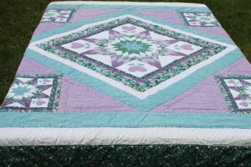 catalog photo of 80s vintage patchwork quilt star with hearts, green & lavender calico prints, girly prairie cottagecore 