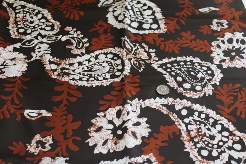 photo of 80s vintage poly fabric, silky matte polyester w/ batik look print chocolate brown  #2