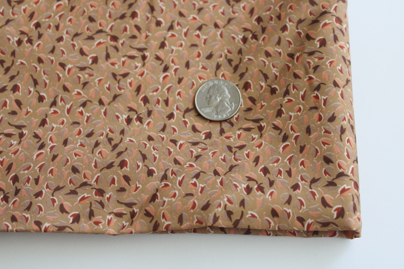 photo of 80s vintage poly shirting or dress fabric, brown gold dark red leaves on tan  #1