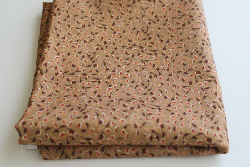 photo of 80s vintage poly shirting or dress fabric, brown gold dark red leaves on tan  #4